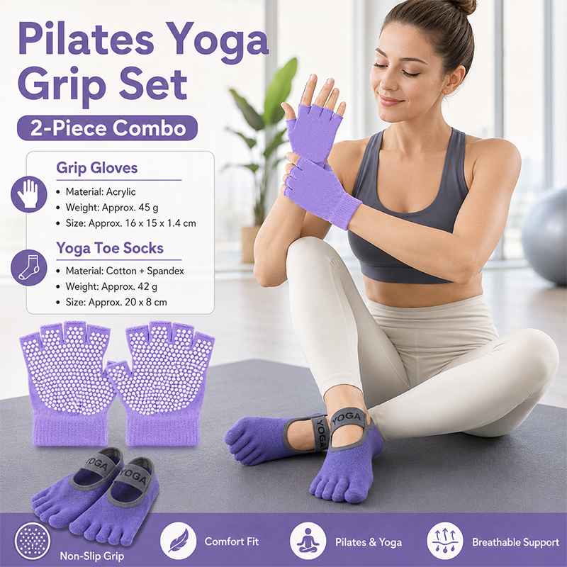 Purple Yoga Gloves and Five Toe Socks Set - Acrylic Knit Half Finger Gloves with Silicone Dots, Cotton Blend Non-Slip Socks for Pilates, Dance, and Indoor Fitness Training