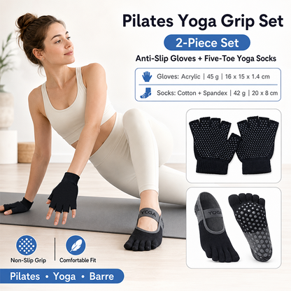 Black Yoga Gloves and Five Toe Socks Set - Acrylic Knit Half Finger Gloves with Silicone Dots, Cotton Blend Non-Slip Socks for Pilates, Dance, and Indoor Fitness Training