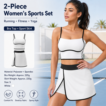 White S Size Women's Linear Sports Set - Polyester Spandex Blend with Adjustable Straps, Removable Pads and Anti-Exposure Skirt for Yoga, Running and Gym