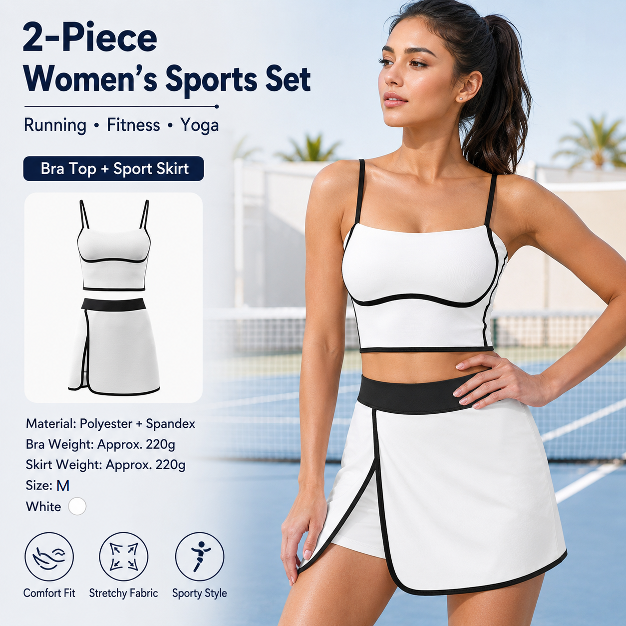 White M Size Women's Linear Sports Set - Polyester Spandex Blend with Adjustable Straps, Removable Pads and Anti-Exposure Skirt for Yoga, Running and Gym
