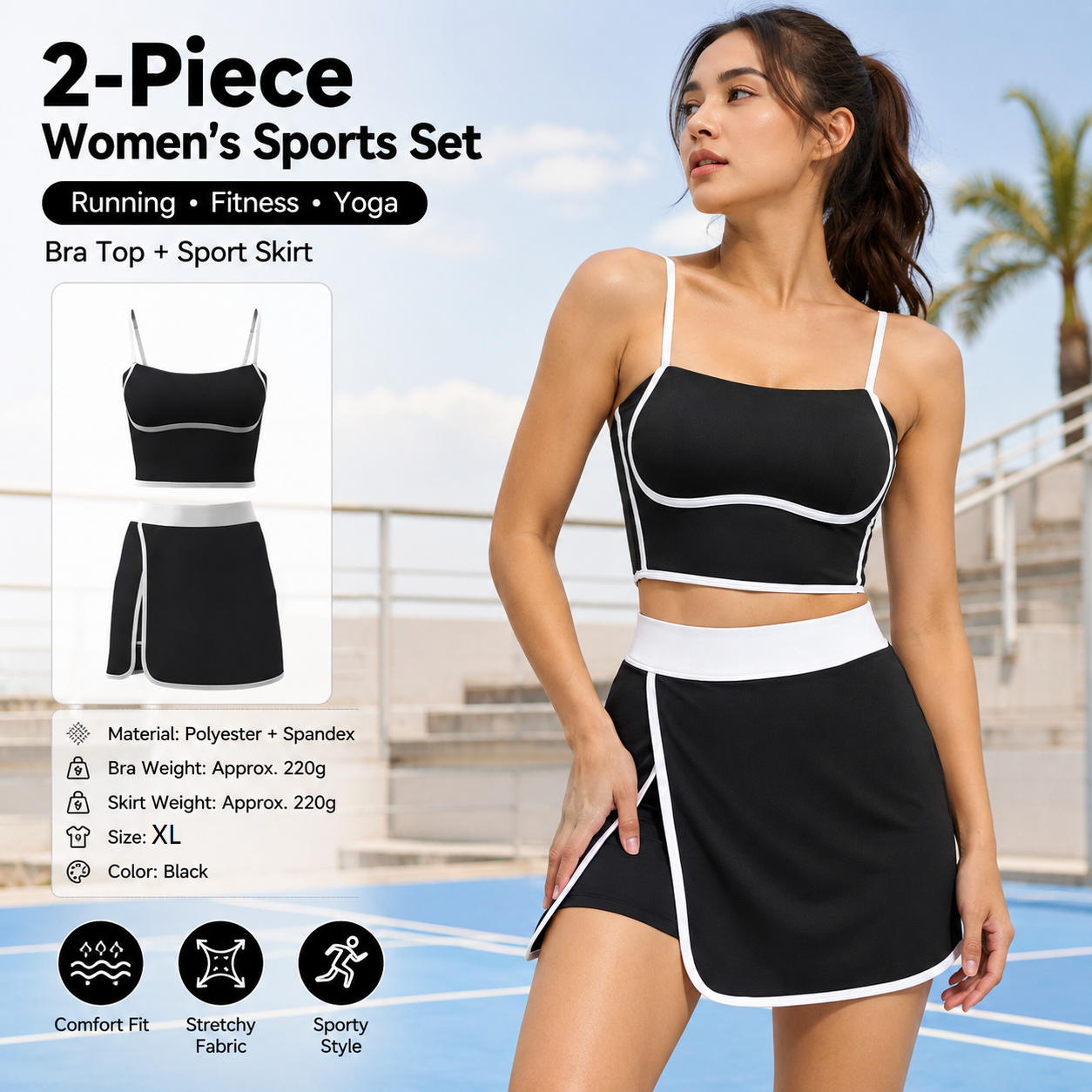 Black XL Size Women's Linear Sports Set - Polyester Spandex Blend with Adjustable Straps, Removable Pads and Anti-Exposure Skirt for Yoga, Running and Gym