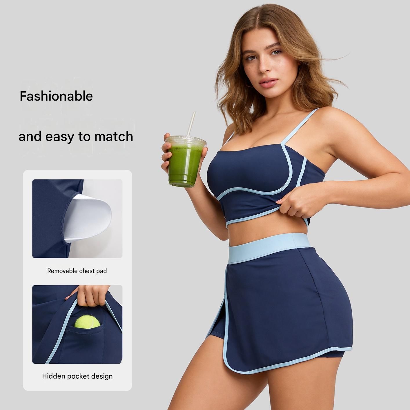 Black XL Size Women's Linear Sports Set - Polyester Spandex Blend with Adjustable Straps, Removable Pads and Anti-Exposure Skirt for Yoga, Running and Gym