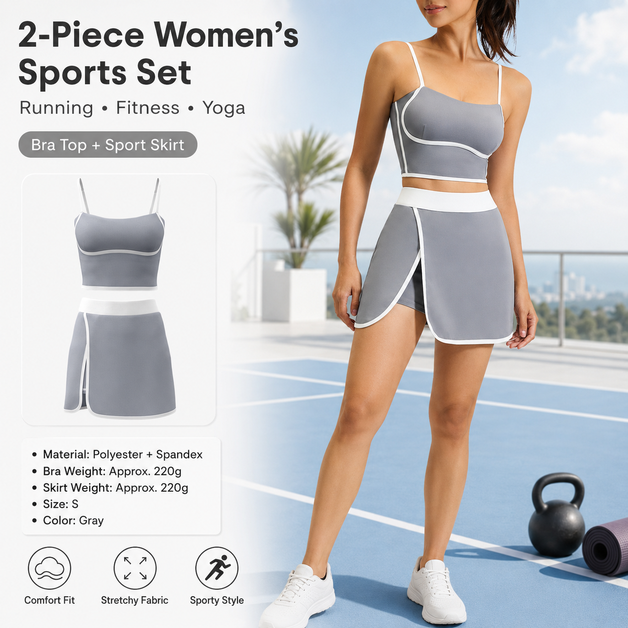 Grey S Size Women's Linear Sports Set - Polyester Spandex Blend with Adjustable Straps, Removable Pads and Anti-Exposure Skirt for Yoga, Running and Gym