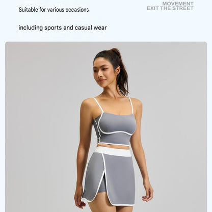 Grey S Size Women's Linear Sports Set - Polyester Spandex Blend with Adjustable Straps, Removable Pads and Anti-Exposure Skirt for Yoga, Running and Gym