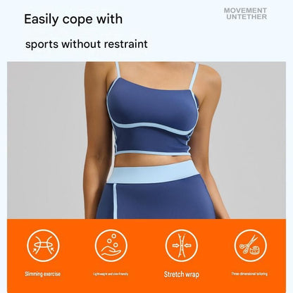 Grey S Size Women's Linear Sports Set - Polyester Spandex Blend with Adjustable Straps, Removable Pads and Anti-Exposure Skirt for Yoga, Running and Gym