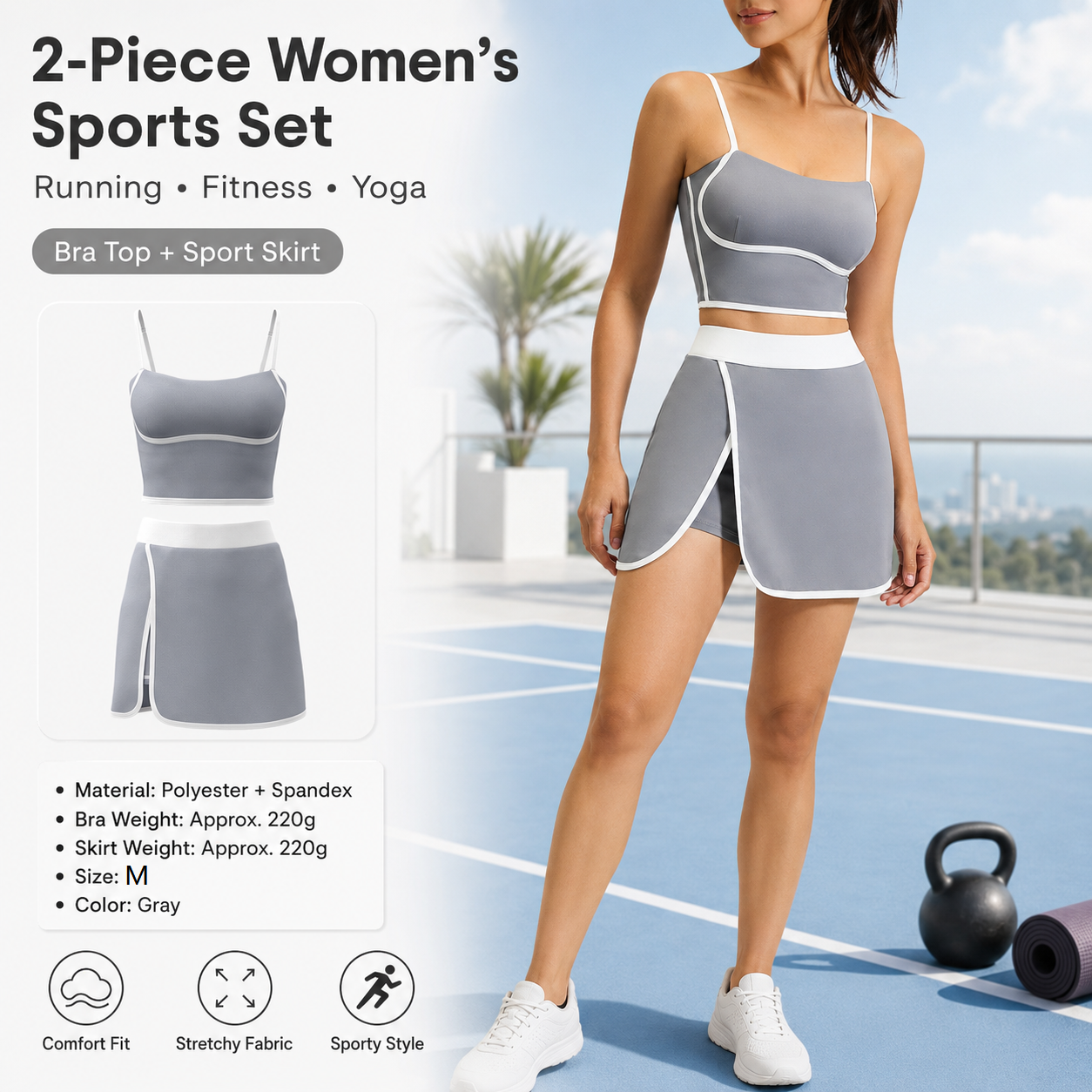 Grey M Size Women's Linear Sports Set - Polyester Spandex Blend with Adjustable Straps, Removable Pads and Anti-Exposure Skirt for Yoga, Running and Gym