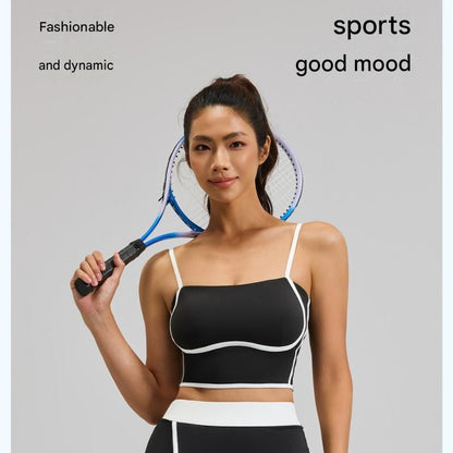 Grey M Size Women's Linear Sports Set - Polyester Spandex Blend with Adjustable Straps, Removable Pads and Anti-Exposure Skirt for Yoga, Running and Gym