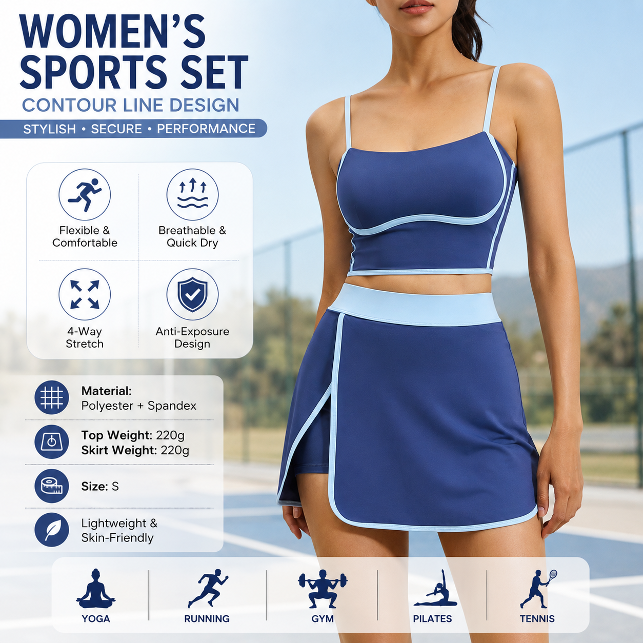 Blue S Size Women's Linear Sports Set - Polyester Spandex Blend with Adjustable Straps, Removable Pads and Anti-Exposure Skirt for Yoga, Running and Gym