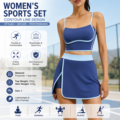 Blue S Size Women's Linear Sports Set - Polyester Spandex Blend with Adjustable Straps, Removable Pads and Anti-Exposure Skirt for Yoga, Running and Gym