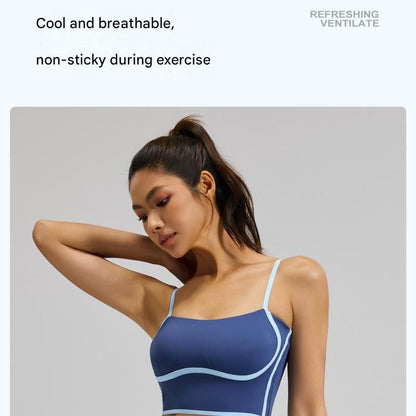 Blue L Size Women's Linear Sports Set - Polyester Spandex Blend with Adjustable Straps, Removable Pads and Anti-Exposure Skirt for Yoga, Running and Gym