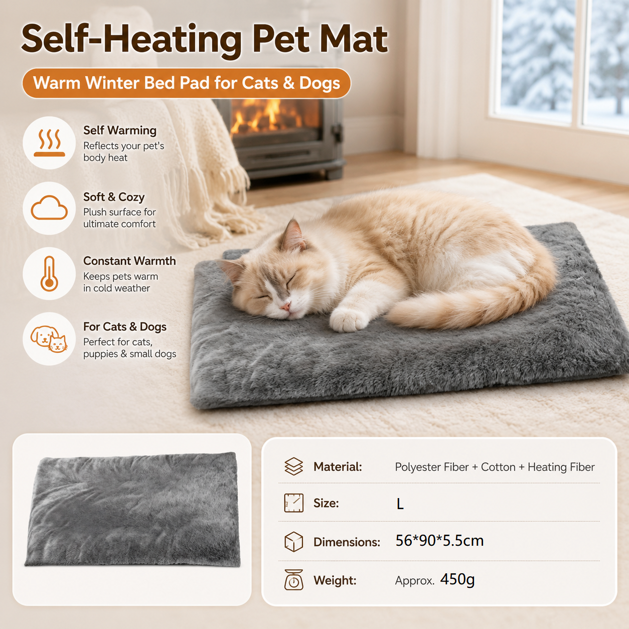 Grey  L Size 56x90cm Self Heating Pet Mat - Soft Plush Non-Slip Thermal Bed for Cats and Small Dogs Indoor Crate Car Travel Use
