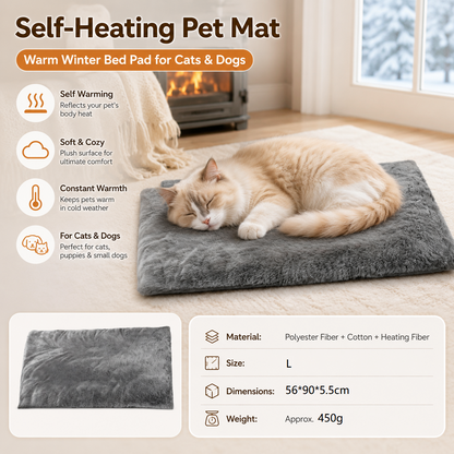 Grey  L Size 56x90cm Self Heating Pet Mat - Soft Plush Non-Slip Thermal Bed for Cats and Small Dogs Indoor Crate Car Travel Use