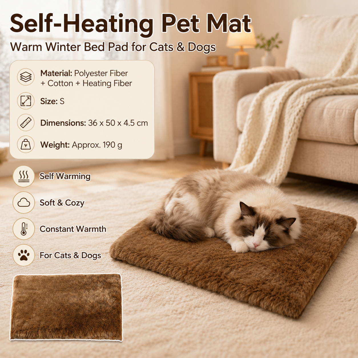 Brown S Size 36x50cm Self Heating Pet Mat - Soft Plush Non-Slip Thermal Bed for Cats and Small Dogs Indoor Crate Car Travel Use