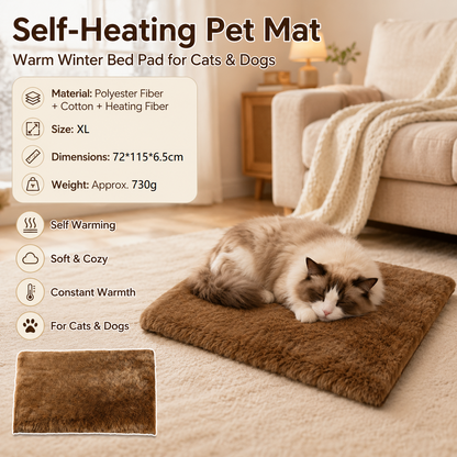 Brown  XL Size 72x115cm Self Heating Pet Mat - Soft Plush Non-Slip Thermal Bed for Cats and Small Dogs Indoor Crate Car Travel Use