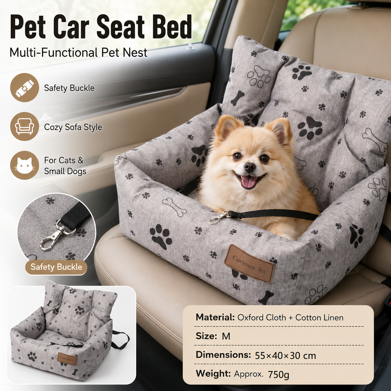 Grey Paw print pattern M Size 55x40cm Car pet bed -Oxford Linen Removable Washable Non-Slip Sofa Bed for Small Dogs Cats Indoor Travel Use