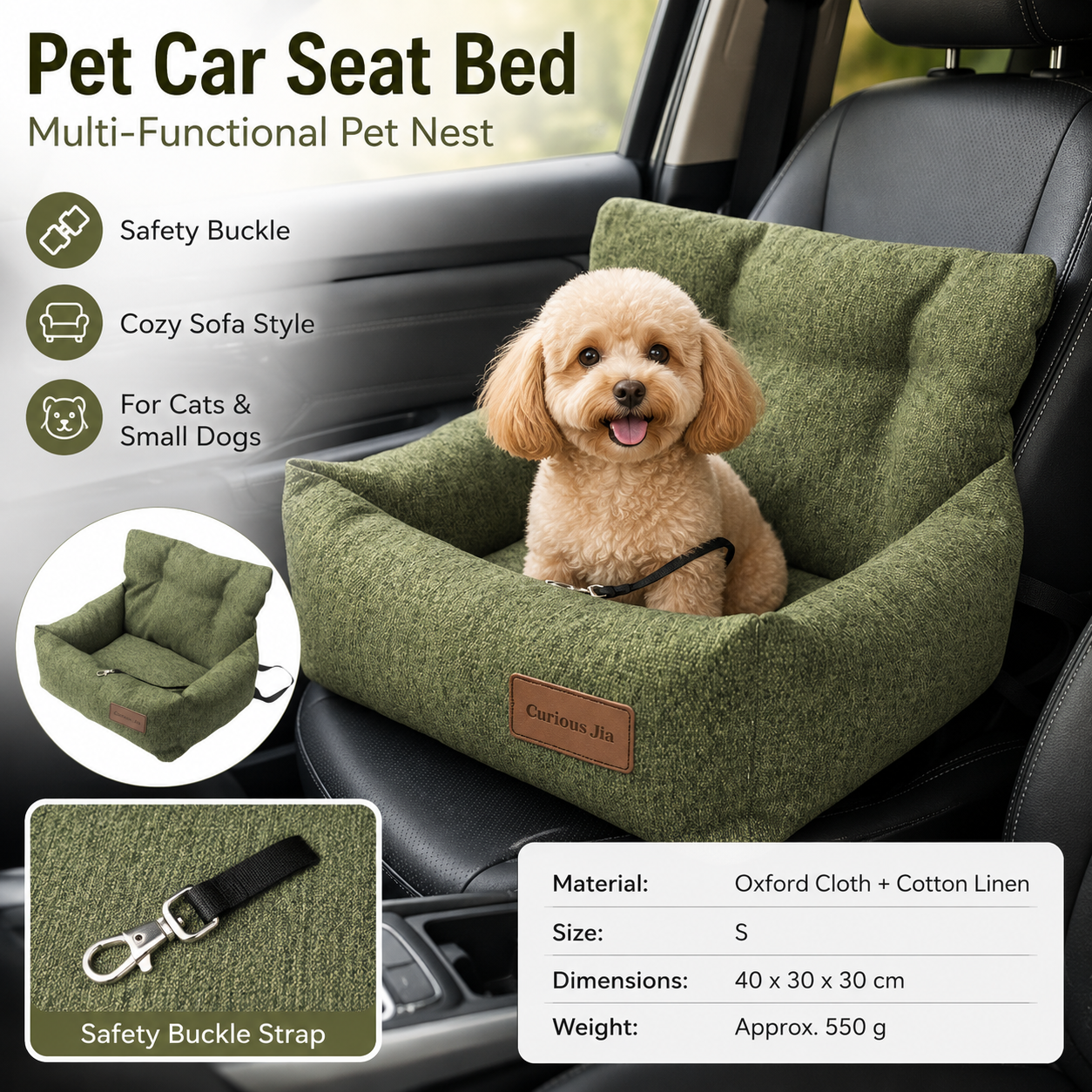 Green S Size 40x30cm Car pet bed -Oxford Linen Removable Washable Non-Slip Sofa Bed for Small Dogs Cats Indoor Travel Use