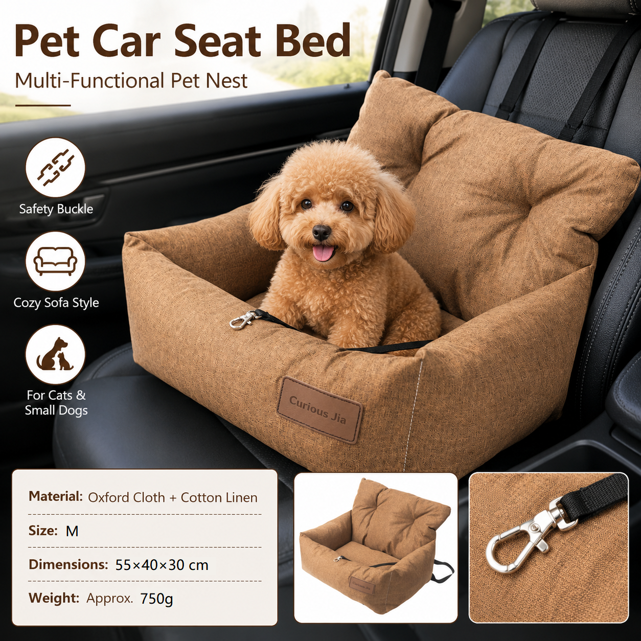 Yellow M Size 55x40cm Car pet bed -Oxford Linen Removable Washable Non-Slip Sofa Bed for Small Dogs Cats Indoor Travel Use
