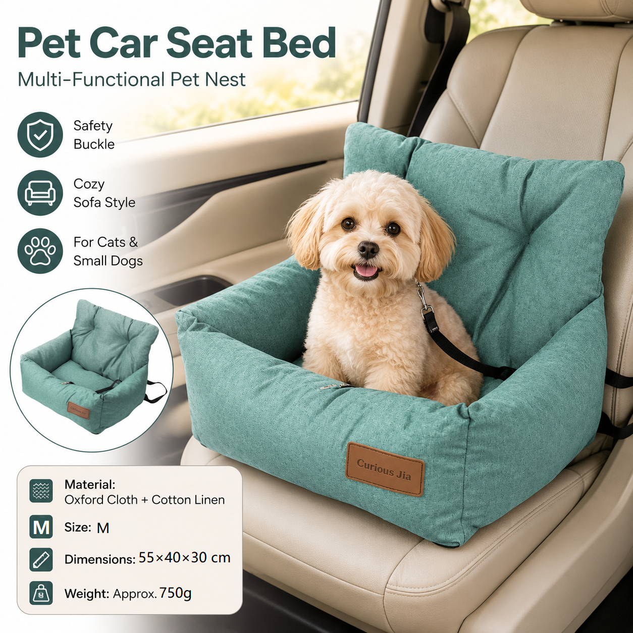 Blue M Size 55x40cm Car pet bed -Oxford Linen Removable Washable Non-Slip Sofa Bed for Small Dogs Cats Indoor Travel Use