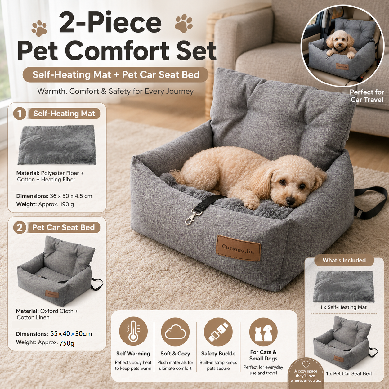 Winter Pet Warmth Bundle - Grey Self Heating Mat 36x50cm & Grey Pet Car Booster Seat 55x40cm Non-Slip Safe Travel Sofa Bed for Small Dogs Cats Indoor Use