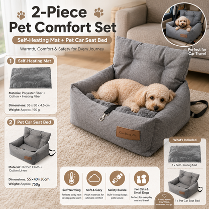 Winter Pet Warmth Bundle - Grey Self Heating Mat 36x50cm & Grey Pet Car Booster Seat 55x40cm Non-Slip Safe Travel Sofa Bed for Small Dogs Cats Indoor Use