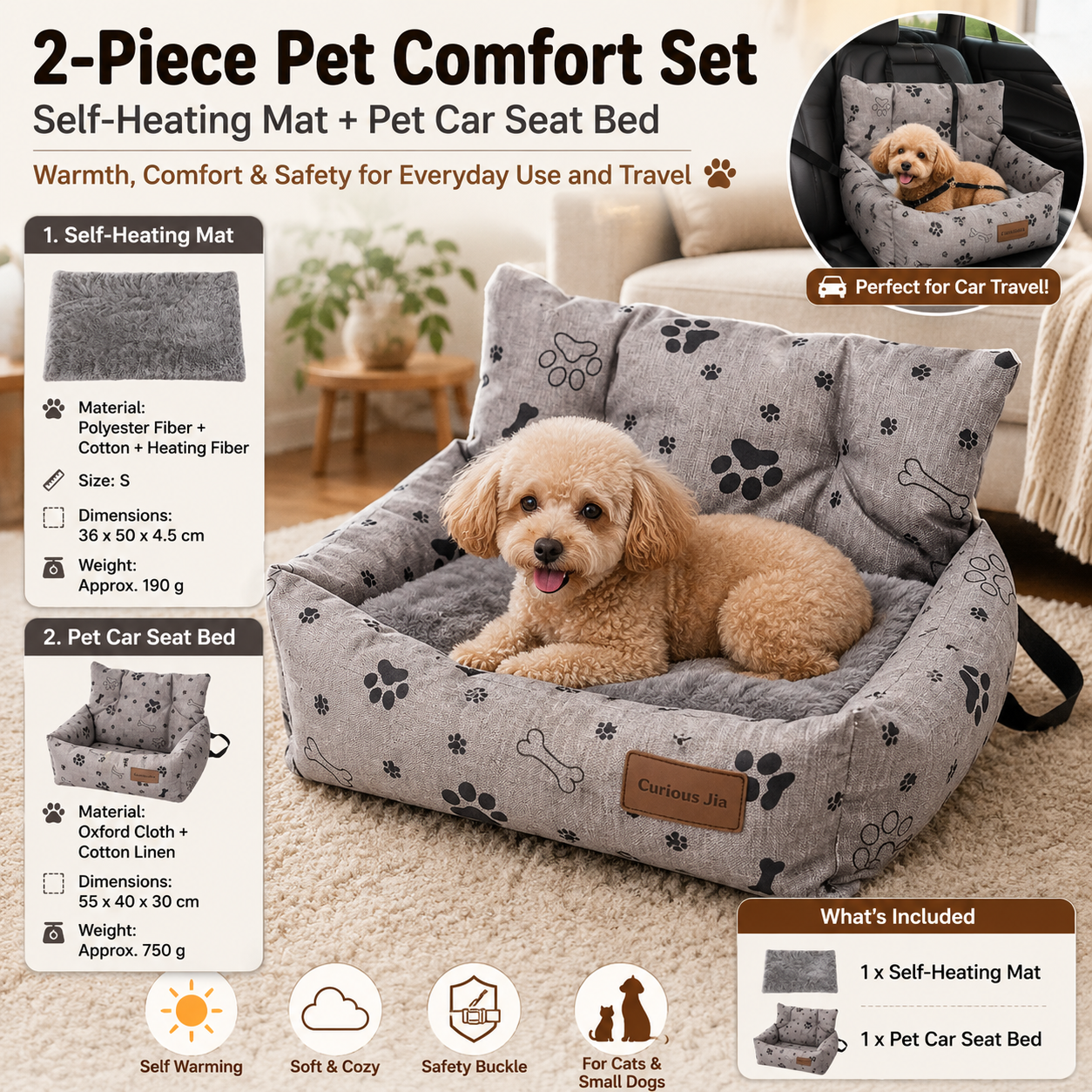 Winter Pet Warmth Bundle - Grey Self Heating Mat 36x50cm & Grey Paw print pattern Pet Car Booster Seat 55x40cm Non-Slip Safe Travel Sofa Bed for Small Dogs Cats Indoor Use