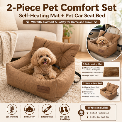 Winter Pet Warmth Bundle - Brown Self Heating Mat 36x50cm & Yellow Pet Car Booster Seat 55x40cm Non-Slip Safe Travel Sofa Bed for Small Dogs Cats Indoor Use