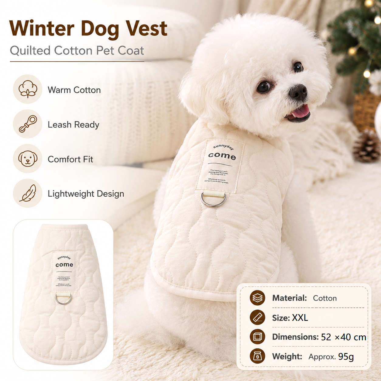 Beige XXL Size 52x40cm Fleece-lined thickened dog vest - Cotton Fleece Lined Harness Compatible Winter Coat for  Dogs Shed Control Outdoor Walksï¼ŒWinter Pet Essentials