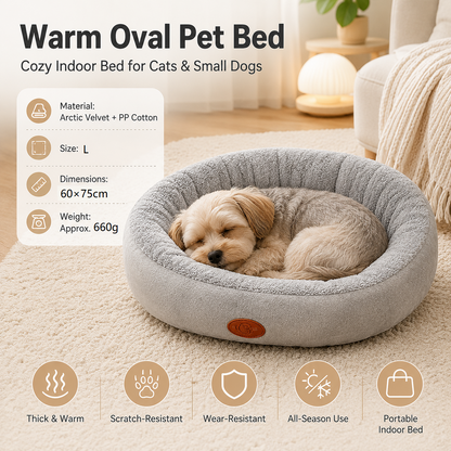 L Size 60x75cm Grey Oval Pet Bed - Arctic Fleece and PP Cotton - Thickened Warmth, Non-Slip Base, Removable Cover, Compact for Cats and Small Dogs