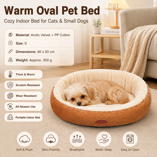 S Size 40x50cm Coffee-colored Oval Pet Bed - Arctic Fleece and PP Cotton - Thickened Warmth, Non-Slip Base, Removable Cover, Compact for Cats and Small Dogs