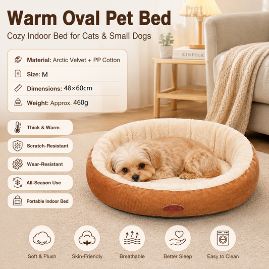 M Size 48x60cm Coffee-colored Oval Pet Bed - Arctic Fleece and PP Cotton - Thickened Warmth, Non-Slip Base, Removable Cover, Compact for Cats and Small Dogs