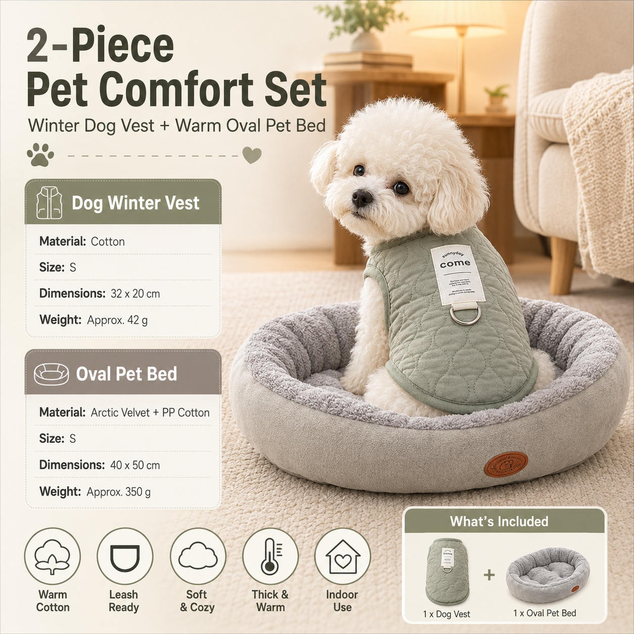 Winter Pet Care Bundle -  S Size 32*20cm Green Quilted Dog Vest with Leash Ring and  S Size 40*50cm Grey Oval Arctic Fleece Bed - Warm Cotton Outerwear, Plush Sleep Nest for Small Dogs and Cats