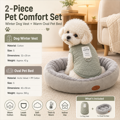 Winter Pet Care Bundle -  S Size 32*20cm Green Quilted Dog Vest with Leash Ring and  S Size 40*50cm Grey Oval Arctic Fleece Bed - Warm Cotton Outerwear, Plush Sleep Nest for Small Dogs and Cats