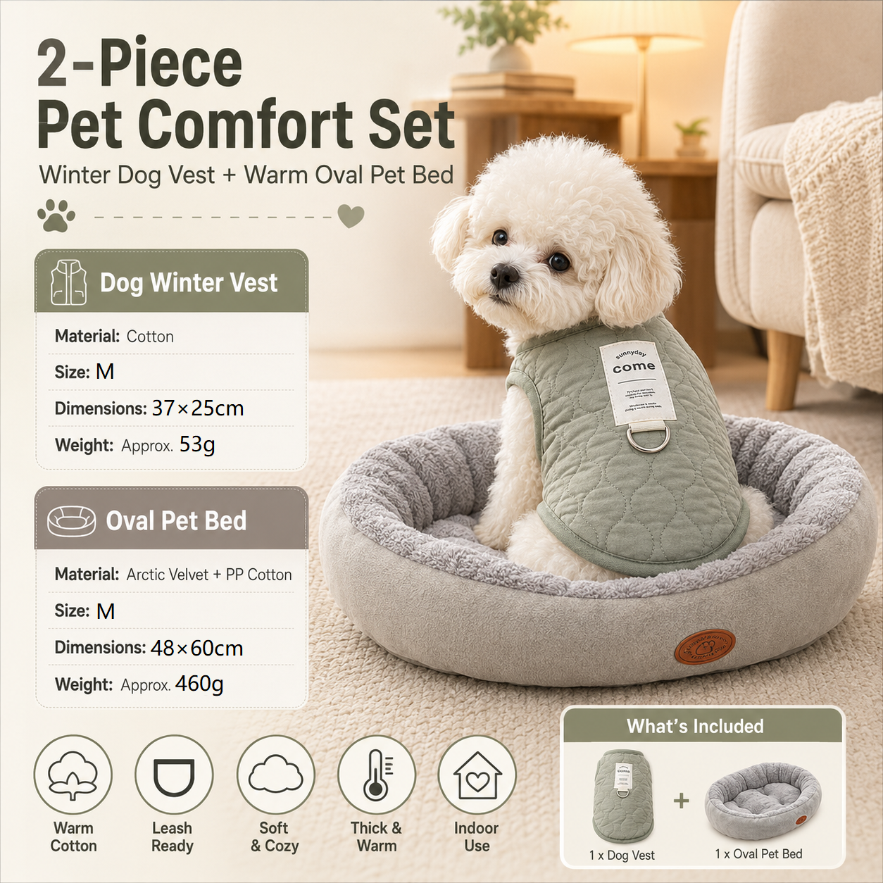 Winter Pet Care Bundle -  M Size 37*25cm Green Quilted Dog Vest with Leash Ring and  M Size 48*60cm Grey Oval Arctic Fleece Bed - Warm Cotton Outerwear, Plush Sleep Nest for Small Dogs and Cats