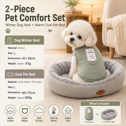 Winter Pet Care Bundle -  L Size 42*30cm Green Quilted Dog Vest with Leash Ring and  L Size 60*75cm Grey Oval Arctic Fleece Bed - Warm Cotton Outerwear, Plush Sleep Nest for Small Dogs and Cats