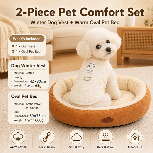 Winter Pet Care Bundle -  L Size 42*30cm Beige Quilted Dog Vest with Leash Ring and  L Size 60*75cm Coffee-colored Oval Arctic Fleece Bed - Warm Cotton Outerwear, Plush Sleep Nest for Small Dogs and Cats