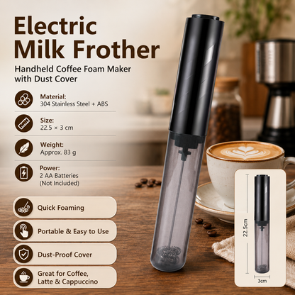 Black Electric Milk Frother Handheld - 304 Stainless Steel and ABS - Detachable Whisk, Dustproof Cover, Quiet Operation, Battery Powered ï¼ˆBatteries not included productï¼‰ for Coffee Latte Matcha