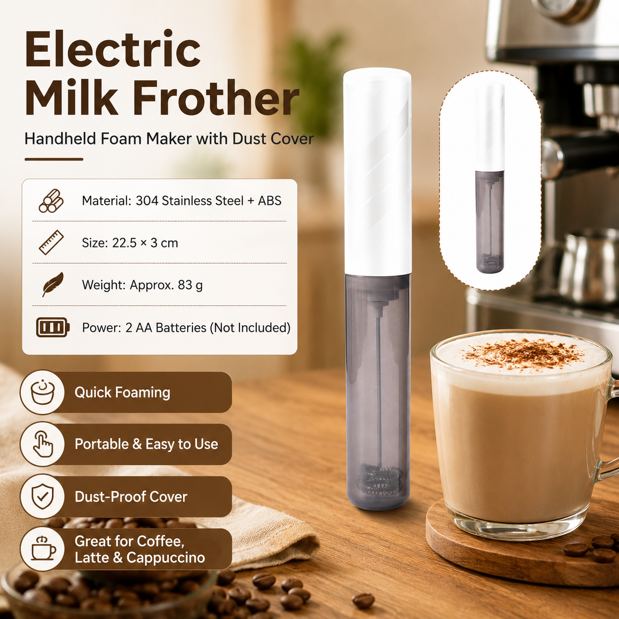 White Electric Milk Frother Handheld - 304 Stainless Steel and ABS - Detachable Whisk, Dustproof Cover, Quiet Operation, Battery Powered ï¼ˆBatteries not included productï¼‰ for Coffee Latte Matcha