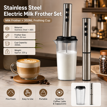 Stainless Steel Electric Milk Frother Set - 3-Speed USB Rechargeable Handheld Mixer with 350ml Jug - Latte Art, Matcha, Cold Brew, Compact Kitchen Tool