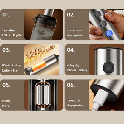 Stainless Steel Electric Milk Frother Set - 3-Speed USB Rechargeable Handheld Mixer with 350ml Jug - Latte Art, Matcha, Cold Brew, Compact Kitchen Tool