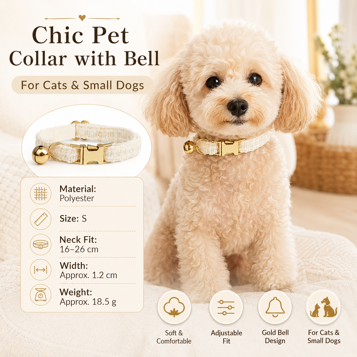 S Size White Chic Tweed Pet Collar - Polyester with Gold Bell and Adjustable Buckle - Soft Lightweight Neckwear for Cats and Small Dogs, 16-26cm Fit