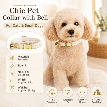 S Size White Chic Tweed Pet Collar - Polyester with Gold Bell and Adjustable Buckle - Soft Lightweight Neckwear for Cats and Small Dogs, 16-26cm Fit