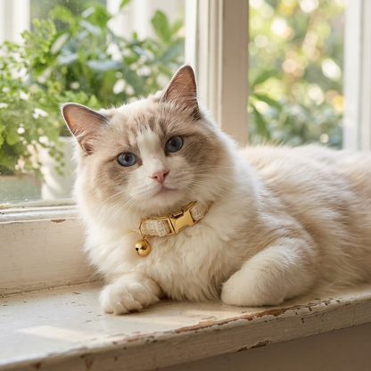 L Size White Chic Tweed Pet Collar - Polyester with Gold Bell and Adjustable Buckle - Soft Lightweight Neckwear for Cats and Small Dogs, 20-32cm Fit