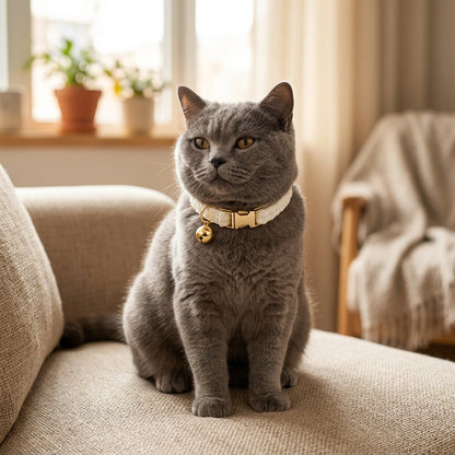 L Size White Chic Tweed Pet Collar - Polyester with Gold Bell and Adjustable Buckle - Soft Lightweight Neckwear for Cats and Small Dogs, 20-32cm Fit