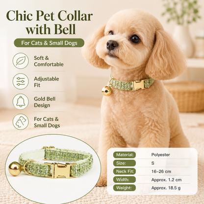 S Size Green Chic Tweed Pet Collar - Polyester with Gold Bell and Adjustable Buckle - Soft Lightweight Neckwear for Cats and Small Dogs, 16-26cm Fit