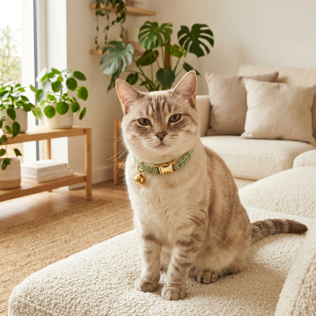 S Size Green Chic Tweed Pet Collar - Polyester with Gold Bell and Adjustable Buckle - Soft Lightweight Neckwear for Cats and Small Dogs, 16-26cm Fit