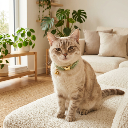 S Size Green Chic Tweed Pet Collar - Polyester with Gold Bell and Adjustable Buckle - Soft Lightweight Neckwear for Cats and Small Dogs, 16-26cm Fit
