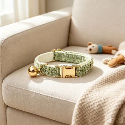 S Size Green Chic Tweed Pet Collar - Polyester with Gold Bell and Adjustable Buckle - Soft Lightweight Neckwear for Cats and Small Dogs, 16-26cm Fit
