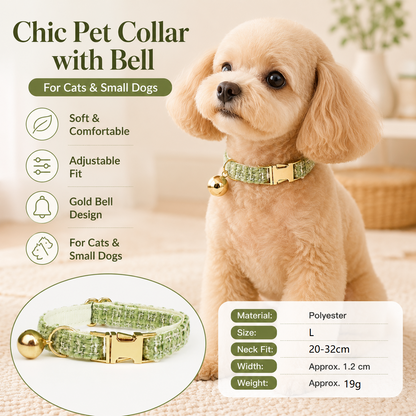 L Size Green Chic Tweed Pet Collar - Polyester with Gold Bell and Adjustable Buckle - Soft Lightweight Neckwear for Cats and Small Dogs, 20-32cm Fit