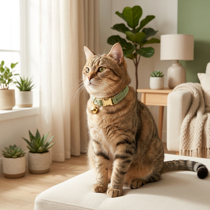 L Size Green Chic Tweed Pet Collar - Polyester with Gold Bell and Adjustable Buckle - Soft Lightweight Neckwear for Cats and Small Dogs, 20-32cm Fit