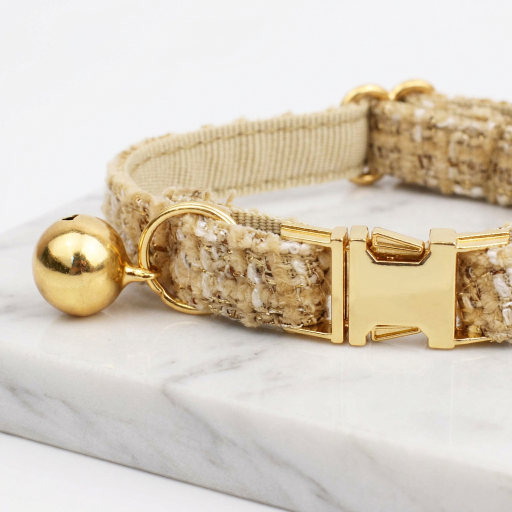S Size Khaki Chic Tweed Pet Collar - Polyester with Gold Bell and Adjustable Buckle - Soft Lightweight Neckwear for Cats and Small Dogs, 16-26cm Fit